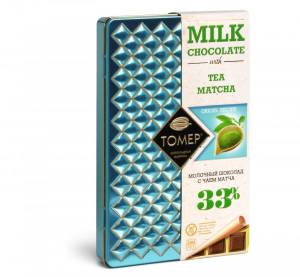№1 Фабрика Томер металлический бокс Молочный шоколад с чаем МАТЧА ,33%  90г в Туапсе
