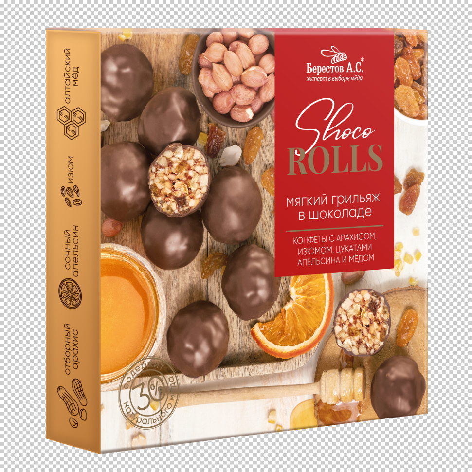  Берестов Shoco Rolls конфеты с арахисом, изюмом, цукатами апельсина и медом,  135г в Туапсе