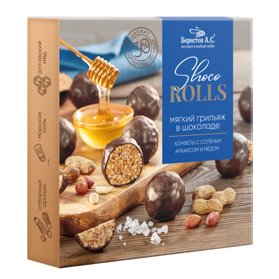  Берестов Shoco Rolls конфеты с арахисом, солью и медом, 135г   в Туапсе